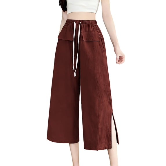 Linen Cotton Capris Women Wide Leg Drawstring Split Hem Elastic Waist Capri Pants Casual Loose Fit Summer Trousers with Pockets