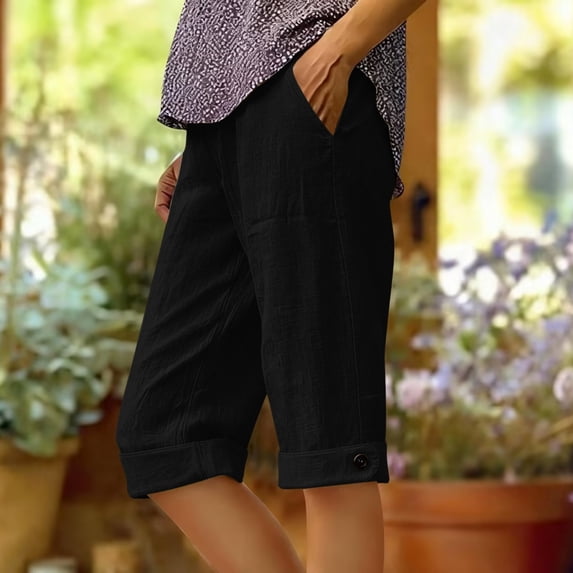 Linen Cotton Capris for Women Relaxed Fit Cropped Pants Elastic Waist Straight Leg Trousers with Pockets Button Trim Detail Daily Walking Wear