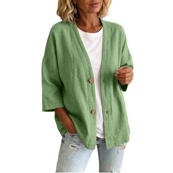 Linen Cotton Cardigan Three Quarter Sleeve V Neck Button Front Solid for Women Summer Outfits Sunny Weekend Resort Casual Everyday Outfit Daily Commute