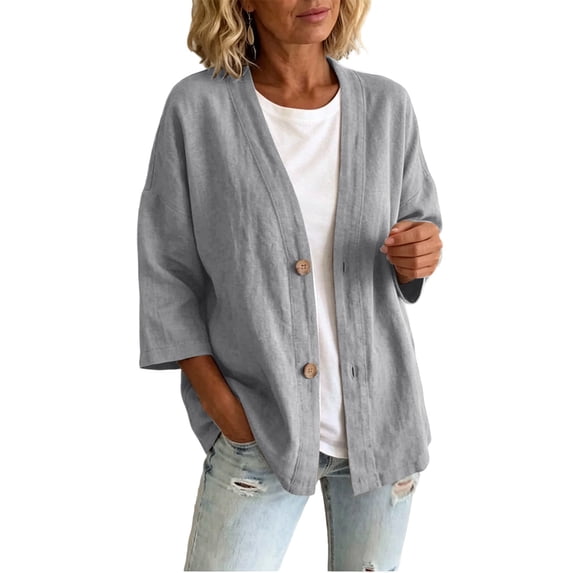 Linen Cotton Cardigan Three Quarter Sleeve V Neck Button Front Solid for Women Summer Outfits Sunny Weekend Resort Casual Everyday Outfit Daily Commute
