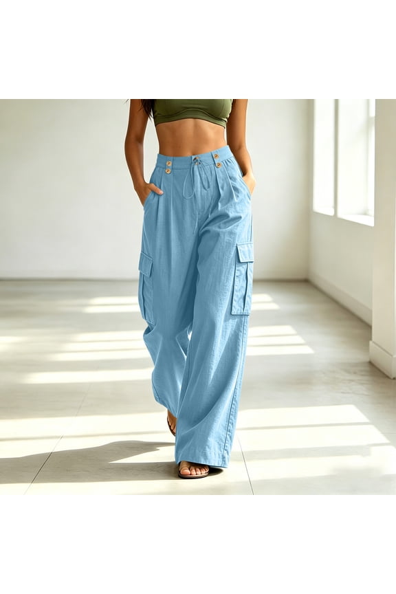 Linen Cotton Cargo Pants For Women Elastic Waist Multiple Pockets Wide Leg Zip Detail Summer Straight Leg Beach Vacation Relaxed Fit Daily Errands Light Blue XXL