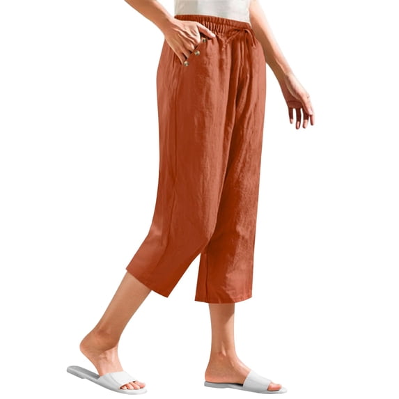 Linen Cotton Casual Capris Women Straight Leg Elastic Waist Drawstring Capri Pants Cropped Summer All Match Trousers