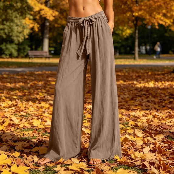 Linen Cotton Casual Pants For Women Chic Minimal Summer Drawstring Waist Elastic Waist With Pockets Solid All Day Ease Straight Leg Travel Outfit Brown XL