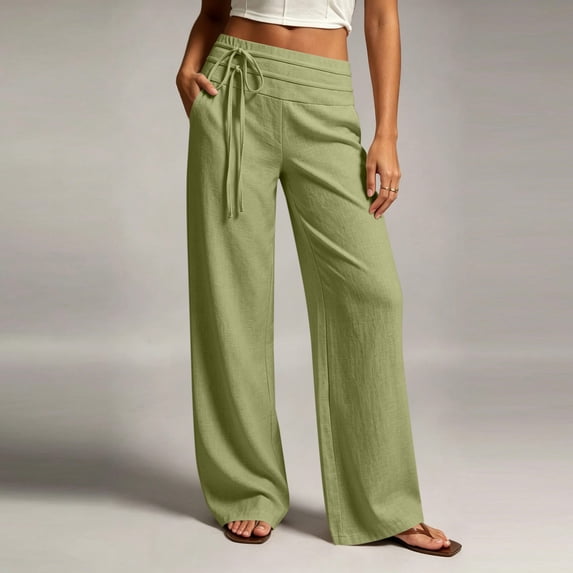 Linen Cotton Casual Pants For Women Laid Back Comfort Drawstring Waist Elastic Waist Summer With Pockets Straight Leg Cafe Run Pull On Effortless Style Army Green XL