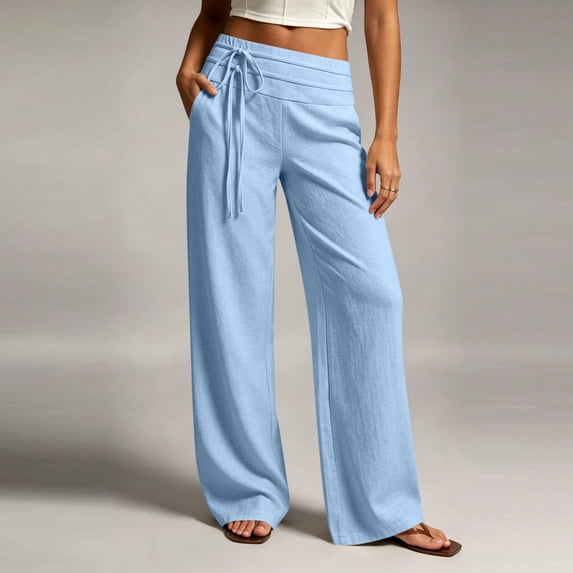 Linen Cotton Casual Pants For Women Laid Back Comfort Drawstring Waist Elastic Waist Summer With Pockets Straight Leg Cafe Run Pull On Effortless Style Light Blue XXL