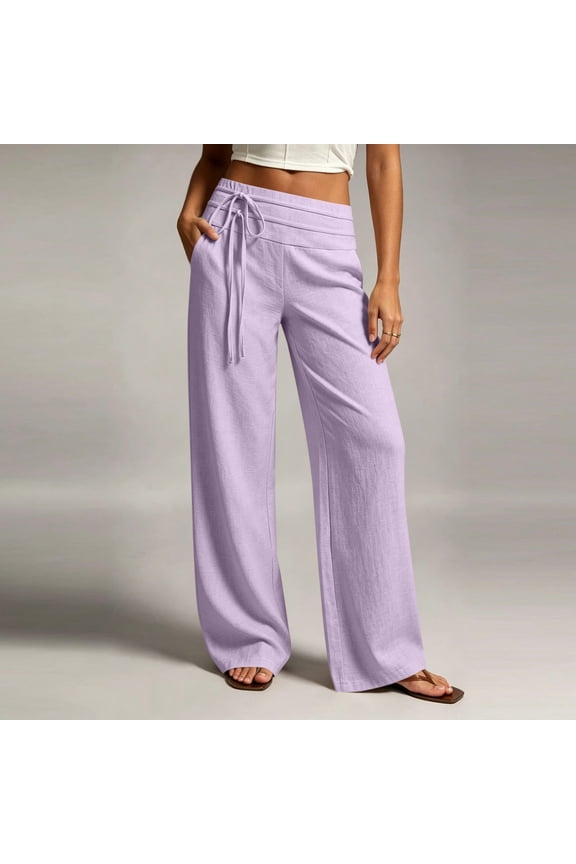 Linen Cotton Casual Pants For Women Laid Back Comfort Drawstring Waist Elastic Waist Summer With Pockets Straight Leg Cafe Run Pull On Effortless Style Purple S