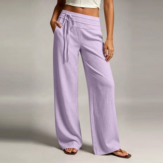 Linen Cotton Casual Pants For Women Laid Back Comfort Drawstring Waist Elastic Waist Summer With Pockets Straight Leg Cafe Run Pull On Effortless Style Purple S