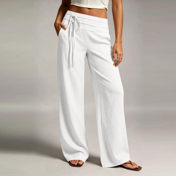 Linen Cotton Casual Pants For Women Laid Back Comfort Drawstring Waist Elastic Waist Summer With Pockets Straight Leg Cafe Run Pull On Effortless Style White M