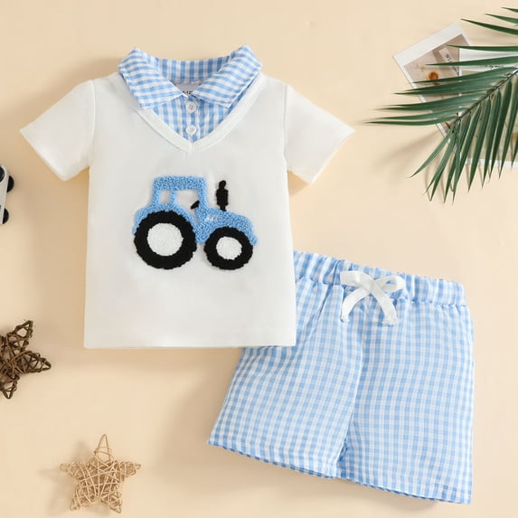 Baby Boys' 2-Piece Fake Two-Piece Plaid Collar Tee & Plaid Shorts, summer set for outdoor activities and casual family daily outings, 6-12 Months