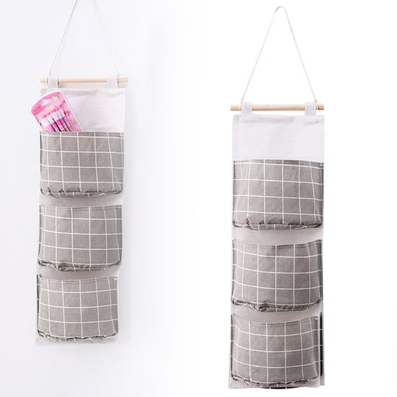 Linen Cotton Hanging Organizer, Drill-Free Wall Mounted 3-Pocket Storage Bag for Closet Door, Fabric Organizer for Home, Dorm & Bathroom