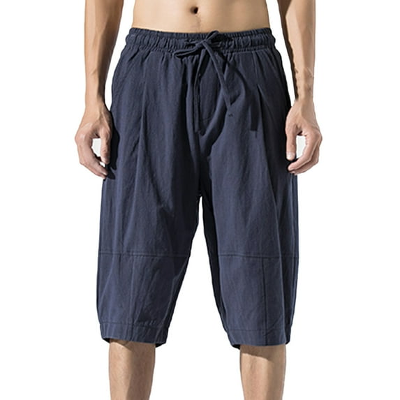 Linen Cotton Harem Shorts for Men Over The Knee Summer Casual Capri Short Pants Lightweight Hippie Beach Shorts