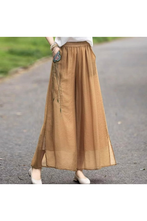 Linen Cotton Pants For Women Elastic Waist Wide Leg Side Slit Pants Baggy Casual Flowing Pant Mesh Pants With Pockets (L, Brown)