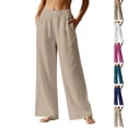 thumbnail image 1 of Linen Cotton Pants Women Wide Leg Elastic High Waisted Beach Flowy Pull On Dressy Casual Baggy Slacks with Pockets, #02 Beige XL, 1 of 7