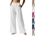 thumbnail image 1 of Linen Cotton Pants Women Wide Leg Elastic High Waisted Beach Flowy Pull On Dressy Casual Baggy Slacks with Pockets, #02 White S, 1 of 7