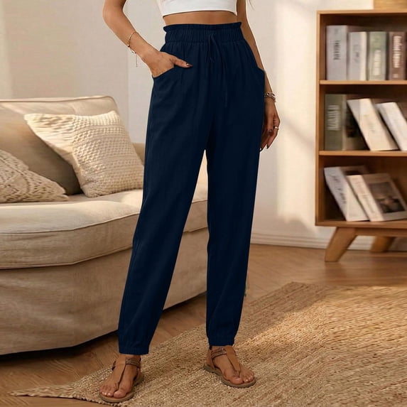 Linen Cotton Pants for Women High Waisted Paperbag Trousers Drawstring Elastic Waist Tapered Summer Casual Beach Breathable Bottoms