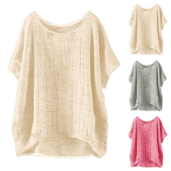 Linen Cotton Shirts for Women Vintage T-Shirt Loose Printed Patchwork Sleeve Solid Casual Loose Linen Top