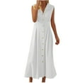 thumbnail image 1 of Linen Cotton Summer Dresses for Women 2025 Sleeveless V Neck Lapel Collared Tshirt Dresses Full Button Down Flowy Modest Long Dresses White S, 1 of 6