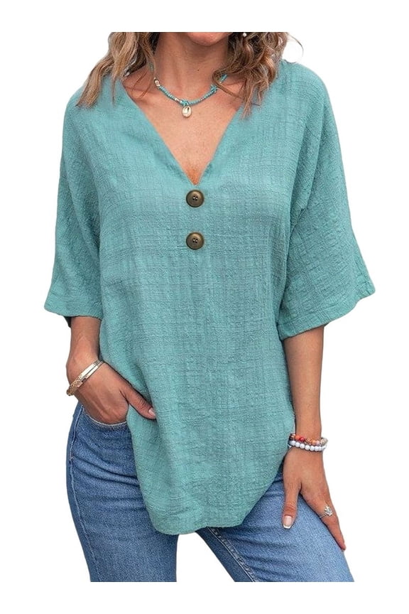 Linen Cotton T-Shirt Women'S Double Button Front Open Casual Top Emerald S