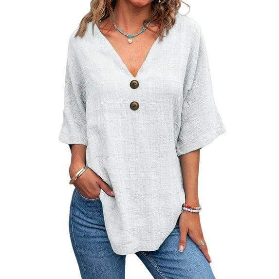 Linen Cotton T-Shirt Women'S Double Button Front Open Casual Top Grey XXL
