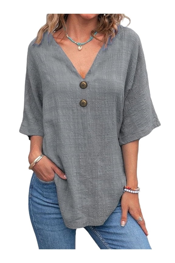 Linen Cotton T-Shirt Women'S Double Button Front Open Casual Top Light Gray S 1PCS