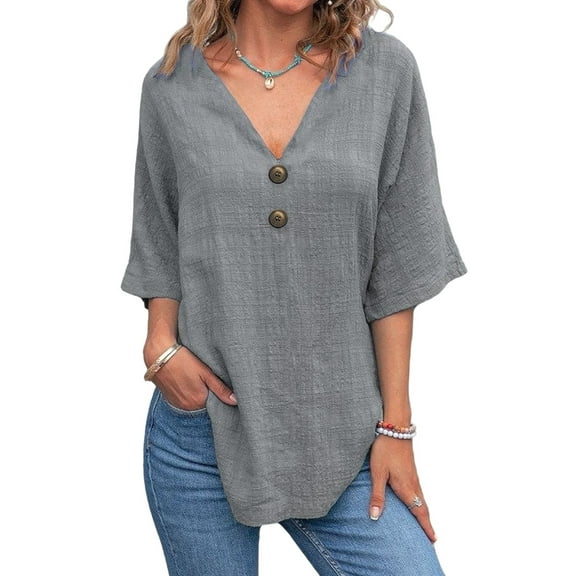 Linen Cotton T-Shirt Women'S Double Button Front Open Casual Top Light Gray XL