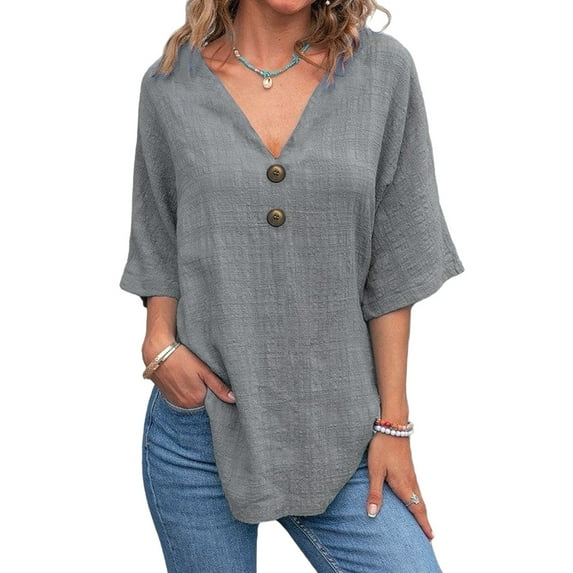 Linen Cotton T-Shirt Women'S Double Button Front Open Casual Top Light Gray XL