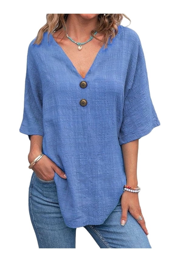 Linen Cotton T-Shirt Women'S Double Button Front Open Casual Top Royal Blue XXXL