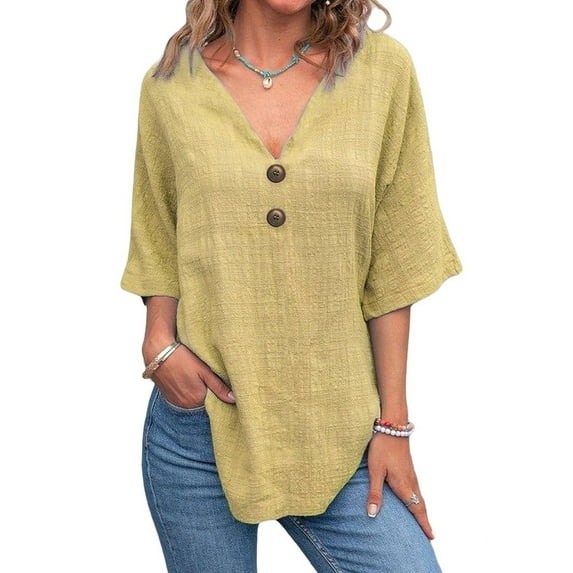 Linen Cotton T-Shirt Women'S Double Button Front Open Casual Top Yellow L