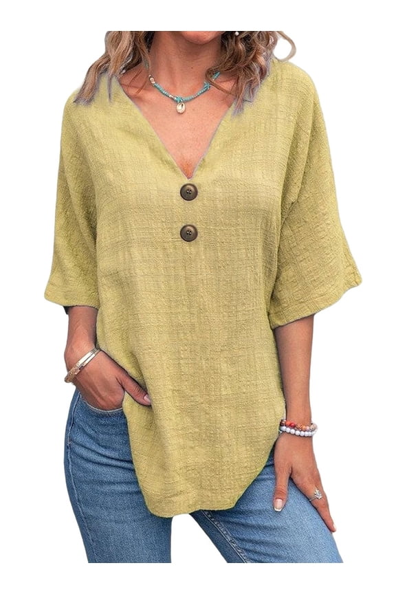 Linen Cotton T-Shirt Women'S Double Button Front Open Casual Top Yellow S