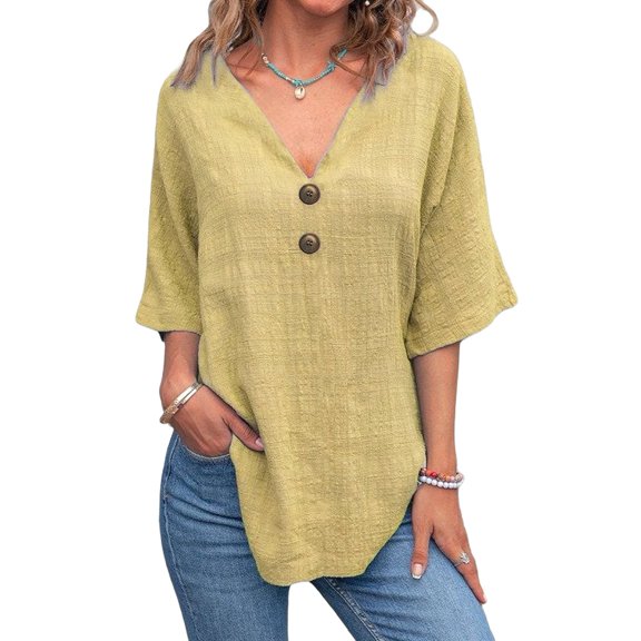 Linen Cotton T-Shirt Women'S Double Button Front Open Casual Top Yellow S