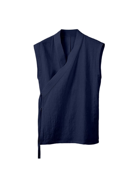 Linen Cotton Tank Top Men Cross Wrap Side Tie Kimono Shirt Lightweight Breathable Chinese Tang Suit Vest Navy M