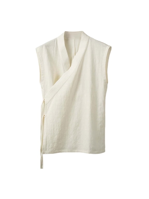 Linen Cotton Tank Top Men Cross Wrap Side Tie Kimono Shirt Lightweight Breathable Chinese Tang Suit Vest White XL