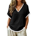 thumbnail image 1 of Linen Cotton Tops For Women Summer V Neck Short Sleeve Tassel Trim Casual Solid Classic Holiday Resort Weekend Outdoor Easy Outfit Elegant Laid Back, 1 of 6