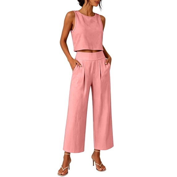 Linen Cotton Two Piece Pant Set For Women Business Casual Pleated Straight Leg Easy Vacation Daywear Summer Functional Daily Wear For Weekend For Vacation