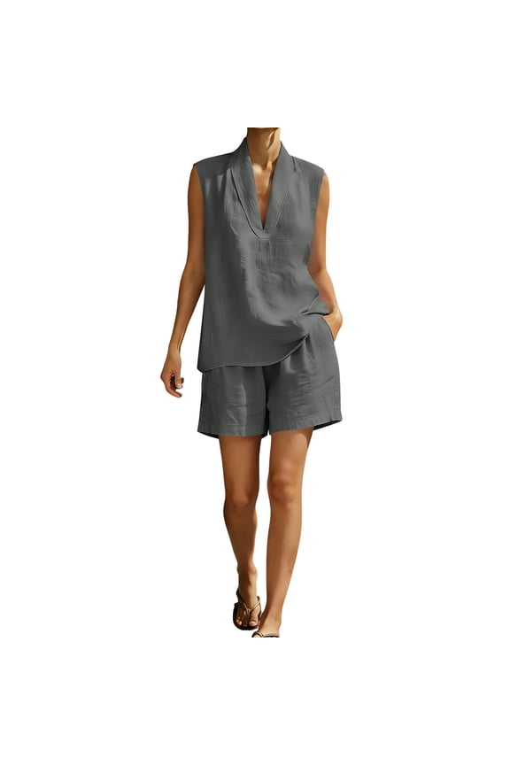 Linen Cotton Two Piece Short Set For Women Relaxed Boardwalk Travel Style Summer Functional Daily Wear Outdoor Streetwear Lightweight Comfort Everyday