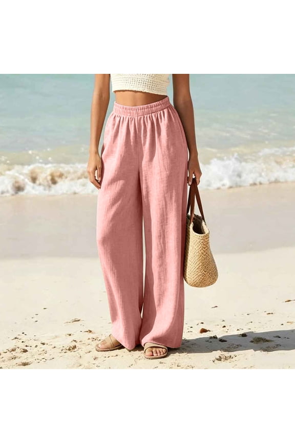 Linen Cotton Wide Leg Pants For Women Garden Party Elastic Waist High Waisted Summer Solid Simple Matching Resort Casual Laid Back Polished Look Polished Casual Wear For Trips Pink L