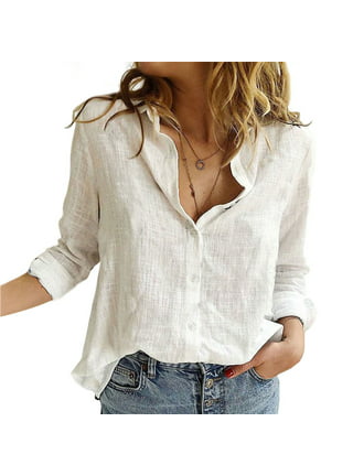 Shirt Women's Long-Sleeve Blouse 2022 Spring and Summer Solid Color Cotton  and Linen Button Shirt Cardigan Women,Ivory,XXL