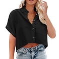 thumbnail image 1 of Linen Cotton Womens Short Sleeve Shirts V Neck Collared Button Down Blouse Tops Clearance Sale, 1 of 7