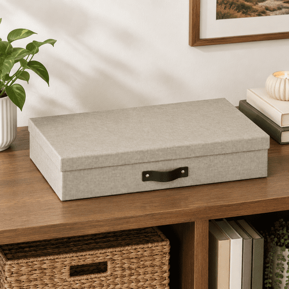 Linen Covered Recycled Fiberboard Legal Size Storage Box with Leather Handle