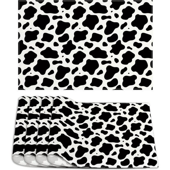 Linen Cow Print Placemats Black and White Cowhide Table Mats Barnyard Birthday Party Decorations and Supplies for Home Kitchen Table-12×18''''
