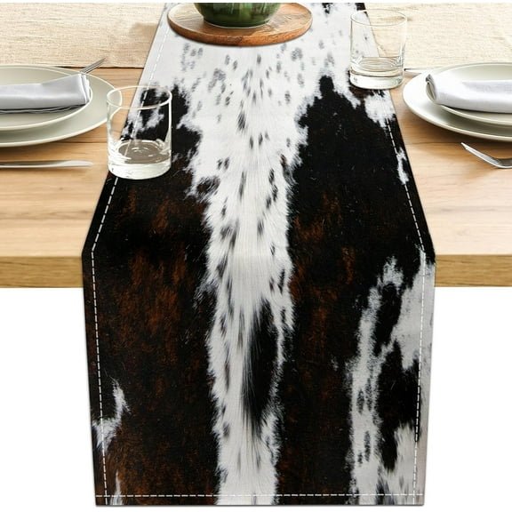 Linen Cow Print Table Runner 13x71 Inch Farmhouse Western Brown Black Cowhide Runners Table Decorations Rustic Coffee Table Runner for Home Kitchen Dining Room