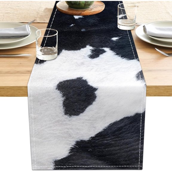 Linen Cow Print Table Runner 13x71 Inch Farmhouse Western White Black Cowhide Runners Table Decorations Rustic Coffee Table Runner for Home Kitchen Dining Room