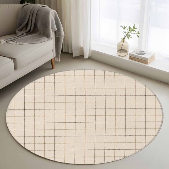 Linen Cream Grid 3FT Round Area Rug Square Frame Tan Plaid French Country Minimalist Soft Small Round Rugs Non-Slip, Ultra-Thin Washable Rug Low Pile Circle Carpet for Bedroom Kitchen Nursery