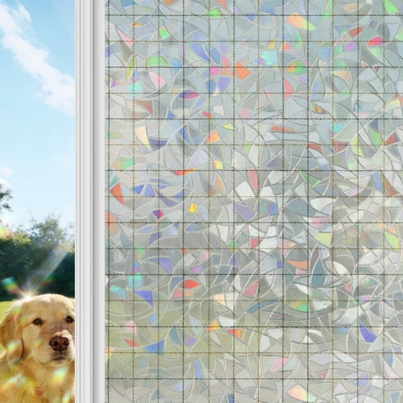 Linen Cream Grid Rainbow Window Privacy Film, Square Frame Tan Plaid French Country Minimalist Stained Glass Window Film, Sun Blocking Glass Clings Non Adhesive Door Stickers 19.6 x 39.3 Inches