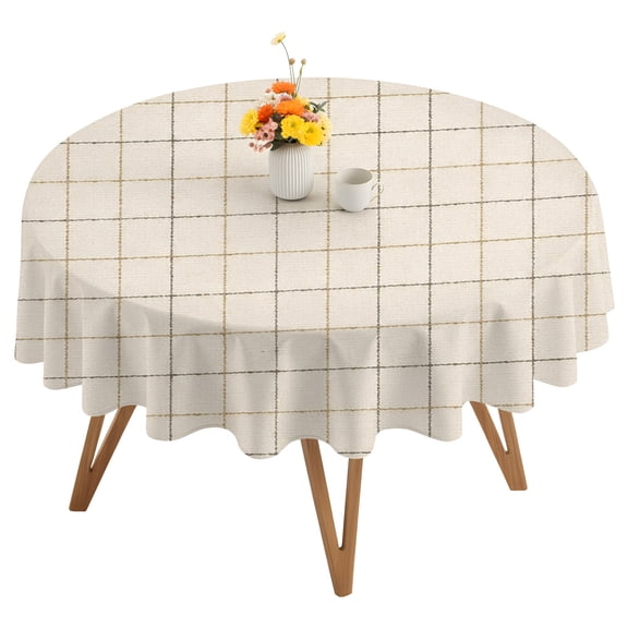 Linen Cream Grid Round Tablecloth 54 inches Square Frame Tan Plaid French Country Minimalist Waterproof Oil-Proof Table Cloth Round Table Cover for Holiday Party Picnic Dinner Decor Indoor Outdoor