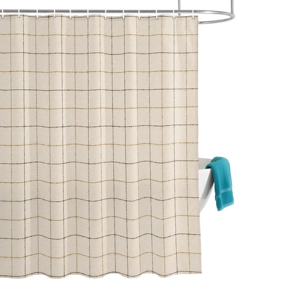 Linen Cream Grid Shower Curtain, Square Frame Tan Plaid French Country Minimalist Waterproof Shower Curtain Set with 12 Hooks Lightweight Bath Curtains Fabric Bathroom Decor 36x72 Inches