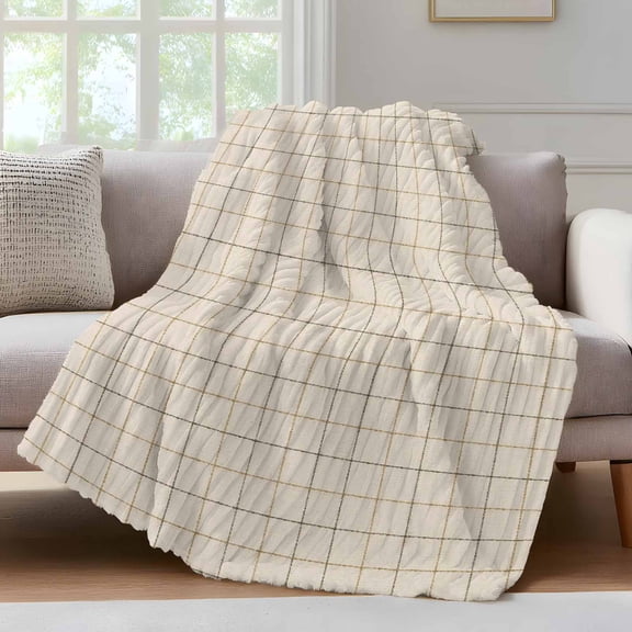Linen Cream Grid Throw Blanket for Couch Square Frame Tan Plaid French Country Minimalist Soft and Warm Flannel 3D Striped Fluffy Fuzzy Fleece Blanket Lightweight Throw for Bed, Sofa 30 x 40 Inches