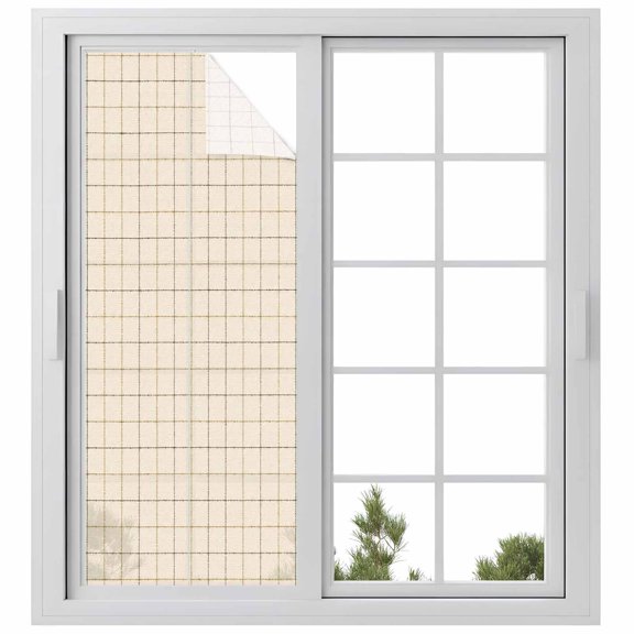 Linen Cream Grid Window Privacy Film Square Frame Tan Plaid French Country Minimalist Decorative Glass Window Film UV Blocking Static Cling Sticker Covering for Home Door 29.5 x 78.7 inches