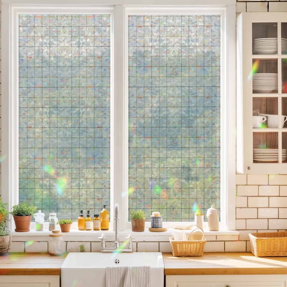 Linen Cream Grid Window Privacy Film Square Frame Tan Plaid French Country Minimalist Static Cling Stained Glass Window Film Non-Adhesive Decorative Decals Rainbow Sticker 17.7"X39.3"