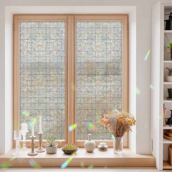 Linen Cream Grid Window Privacy Film Square Frame Tan Plaid French Country Minimalist Static Cling Stained Glass Window Film Non-Adhesive Decorative Decals Rainbow Sticker 23.6"X59"